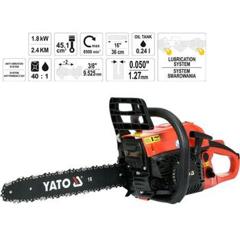 Yato бензопила YT-84901, 1.8кВт, 45.1см³, 400мм, 21м/с, 500см³, 240см³, 40:1, 5.6кг, воздушное охлаждение (YT-84901)
