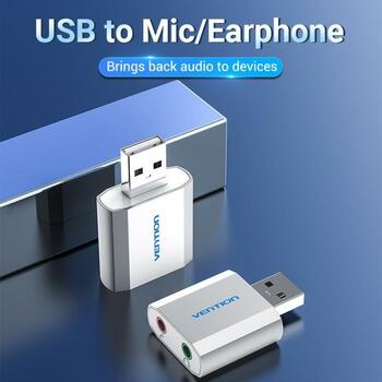 Звуковая карта Vention VAB-S13, USB, 2.1 канала, 16 бит, 3.5 мм выход для наушников, серебристый (VAB-S13)