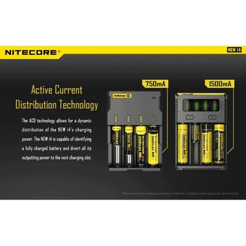 Nitecore Зарядное устройство INTELLICHARGERNEWI4 1500mA, 4 слота, поддержка аккумуляторов 3.7V и 4.35V, ACD технология (INTELLICHARGERNEWI4)