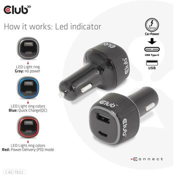 Club3D Зарядное устройство CAC-1922 63W, 12-24V, 1xUSB Type-A 18W, 1xUSB Type-C 45W, OCP, OVP, SCP, OTP, Черный (CAC-1922)