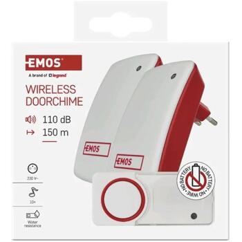 Emos беспроводной дверной звонок P5750.2R, 1 шт. в блистерной упаковке, 150 м, 10 мелодий, IP44, 95 дБ, 2 приемника (P5750.2R)