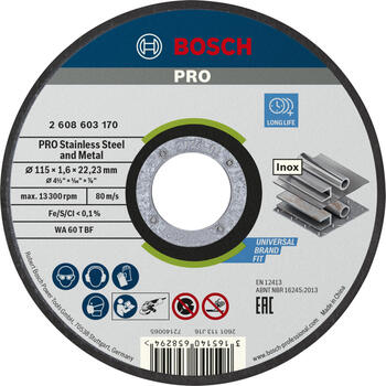 Griešanas disks INOX 115 x 22,23 x 1,6 mm, Mazām leņķa slīpmašīnām PRO STAINLESS STEEL AND METAL GRIEZĒJDISKS, 2608603170, BOSCH (2608603170)