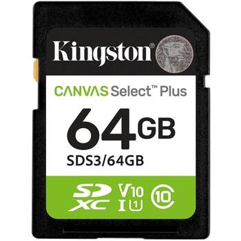 Kingston Technology 64GB SDXC Canvas Select Plus Gen3, SDS3/64GB, 100MB/s, C10, UHS-I, U1, V10 (SDS3/64GB)