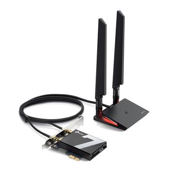 TP-Link Archer TBE550E BE9300 Wi-Fi 7 Bluetooth 5.4 PCIe trīs joslu adapteris 6 GHz 5760 Mbps 5 GHz 2880 Mbps 2.4 GHz 688 Mbps 2× antenas Melns (ARCHER TBE550E)