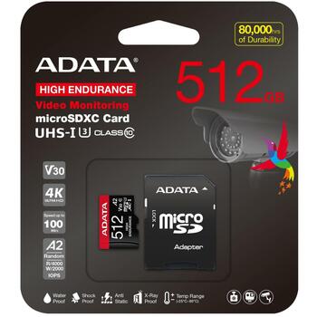 Adata atmiņas karte micro SDXC AUSDX512GUI3V30SHA2-RA1 512 GB, lasīšanas ātrums 100 MB/s, rakstīšanas ātrums 85 MB/s, UHS-I, V30 (AUSDX512GUI3V30SHA2-RA1)