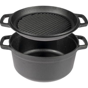 Browin čuguna katls ar pannu 330528, 5 l, 1 l, 26 cm, 21 cm, 12 cm, 15 cm, rokturi, vāks, grila panna, indukcijas, gāzes (330528)