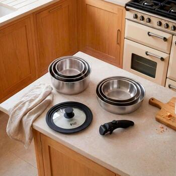 Russell Hobbs Набор посуды RH04041, серебристый, нержавеющая сталь, съемная ручка, 8 сковород (RH04041)