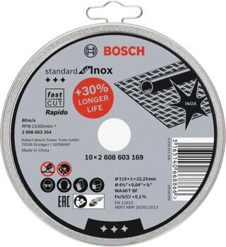 Griešanas disks Rapido 115x22x1mm,INOX 10gab., Mazām leņķa slīpmašīnām PRO STAINLESS STEEL AND METAL GRIEZĒJDISKS, 2608603254, BOSCH (2608603254)