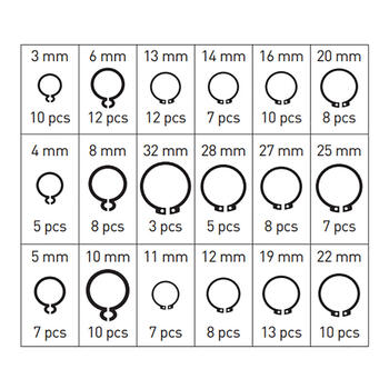 Hogert Snap Ring Assortment HT8G502, 150pcs, 3-32mm, jauns, plastmasas kasešu iepakojums, ārējie, 18 izmēri (HT8G502)