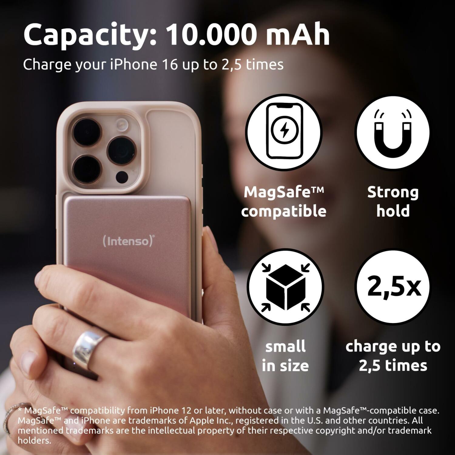 Intenso Power Bank 7344033 10000 мАч, 15 Вт беспроводная зарядка, 20 Вт USB-C PD, совместим с MagSafe, розовый (7344033)
