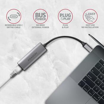 Axagon Сетевой адаптер ADE-25RC, 2.5 Гбит/с, USB Type-C, 1x RJ-45, 10/100/1000/2500 Мбит/с, металлический корпус, Plug and Play (ADE-25RC)