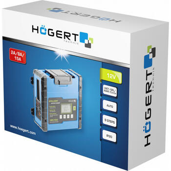 Hogert HT8G613 elektroniskais akumulatoru lādētājs, 12V, 2/8/15A, 15-300Ah, IP20, LCD displejs, 1m kabelis (HT8G613)