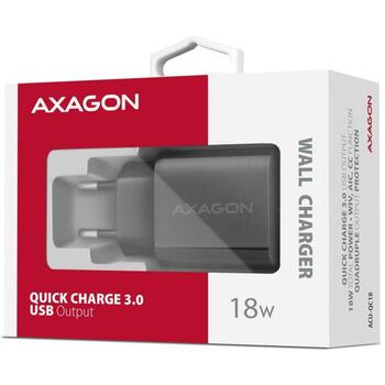 Axagon зарядное устройство ACU-QC18 18W 1× USB-A QC 3.0, Входное напряжение 100-240V, Защита питания, Черный (ACU-QC18)