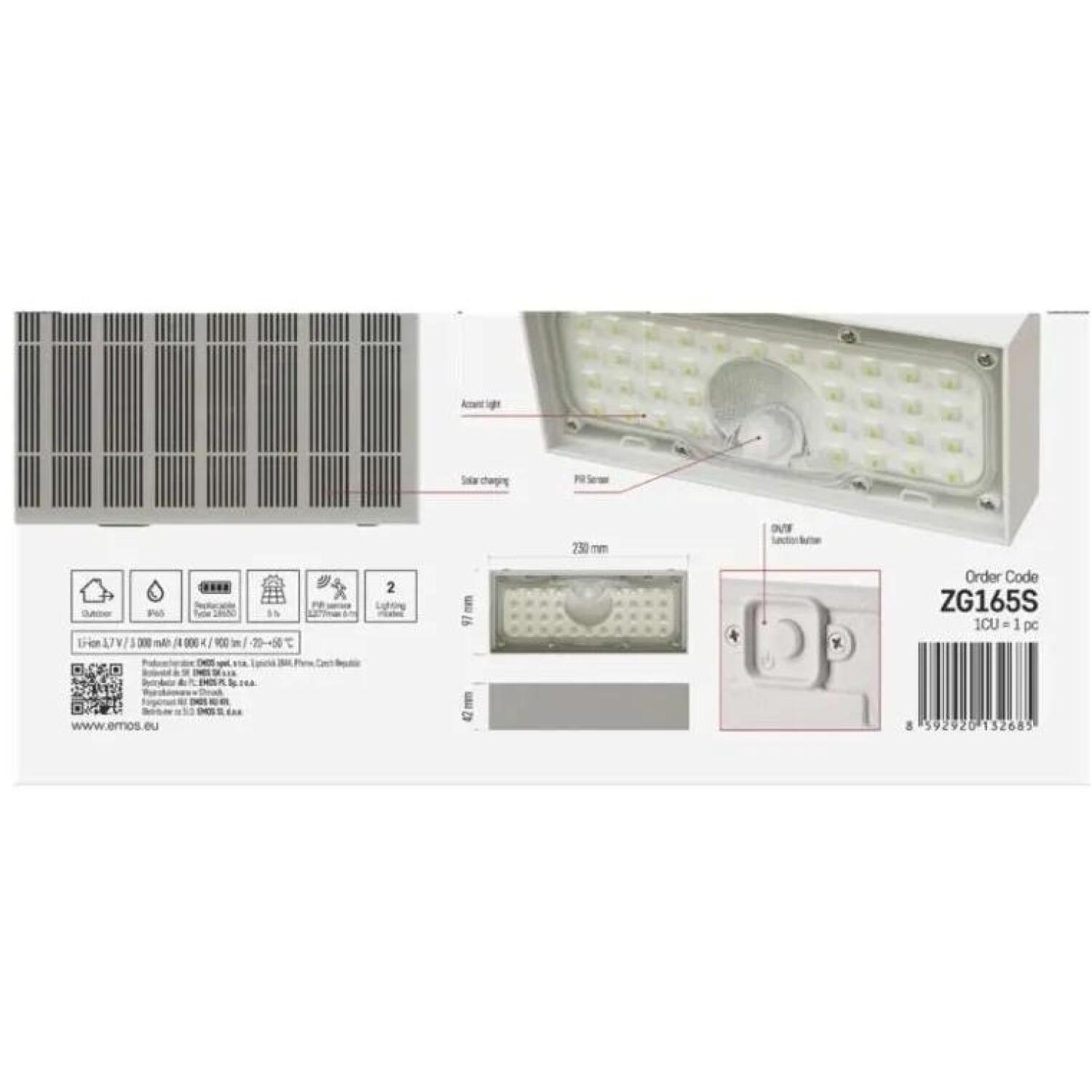 Emos LED светильник BRIXO ZG165S, 900 lm, 3,7 V, IP65, 7 м PIR датчик, 35 ч аккумулятор, 140° × 70° угол света (ZG165S)