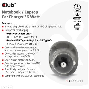 Club3D Lādētājs CAC-1921 36W, Ieejas spriegums 12/24V, 2x USB Type-A 5V/3A, 1x USB Type-C 5V/3A, 9V/2A, OCP, OVP, SCP, OTP (CAC-1921)