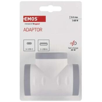 Emos Адаптер P0077PD, 2×2P+PE, 2×USB-A(QC20W), 1×USB-C(PD20W), 3680W, IP20, защита от детей (P0077PD)