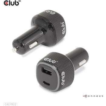 Club3D Зарядное устройство CAC-1922 63W, 12-24V, 1xUSB Type-A 18W, 1xUSB Type-C 45W, OCP, OVP, SCP, OTP, Черный (CAC-1922)
