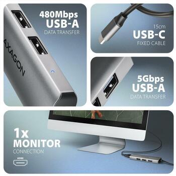 Axagon USB centrmezgls HMC-H3A 3x USB-A 480Mbps, 1x USB-A 5Gbps, 1x HDMI, 4K/30Hz, strāvas kabelis 0.15m (HMC-H3A)