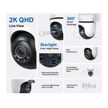 TP-Link Tapo C520WS камера безопасности, 2K QHD 2560x1440, 360° обзор, IP66, ночное видение, AI детекция, Wi-Fi (TAPOC520WS)