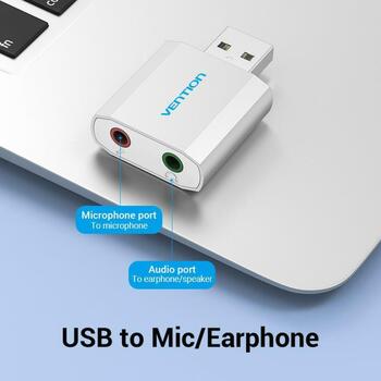 Звуковая карта Vention VAB-S13, USB, 2.1 канала, 16 бит, 3.5 мм выход для наушников, серебристый (VAB-S13)