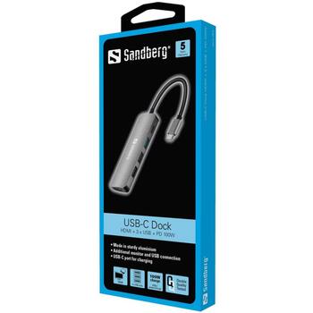 Sandberg Dokstacija 136-32, 1xHDMI, 1xUSB 3.0, 2xUSB 2.0, 1xUSB-C, PD 100W, alumīnija korpuss (136-32)