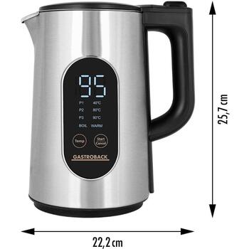 Gastroback Чайник 42446, 3000W, 1.5л, 40°C, 80°C, 90°C, 100°C, нержавеющая сталь, двойные стенки, цифровой дисплей (42446)