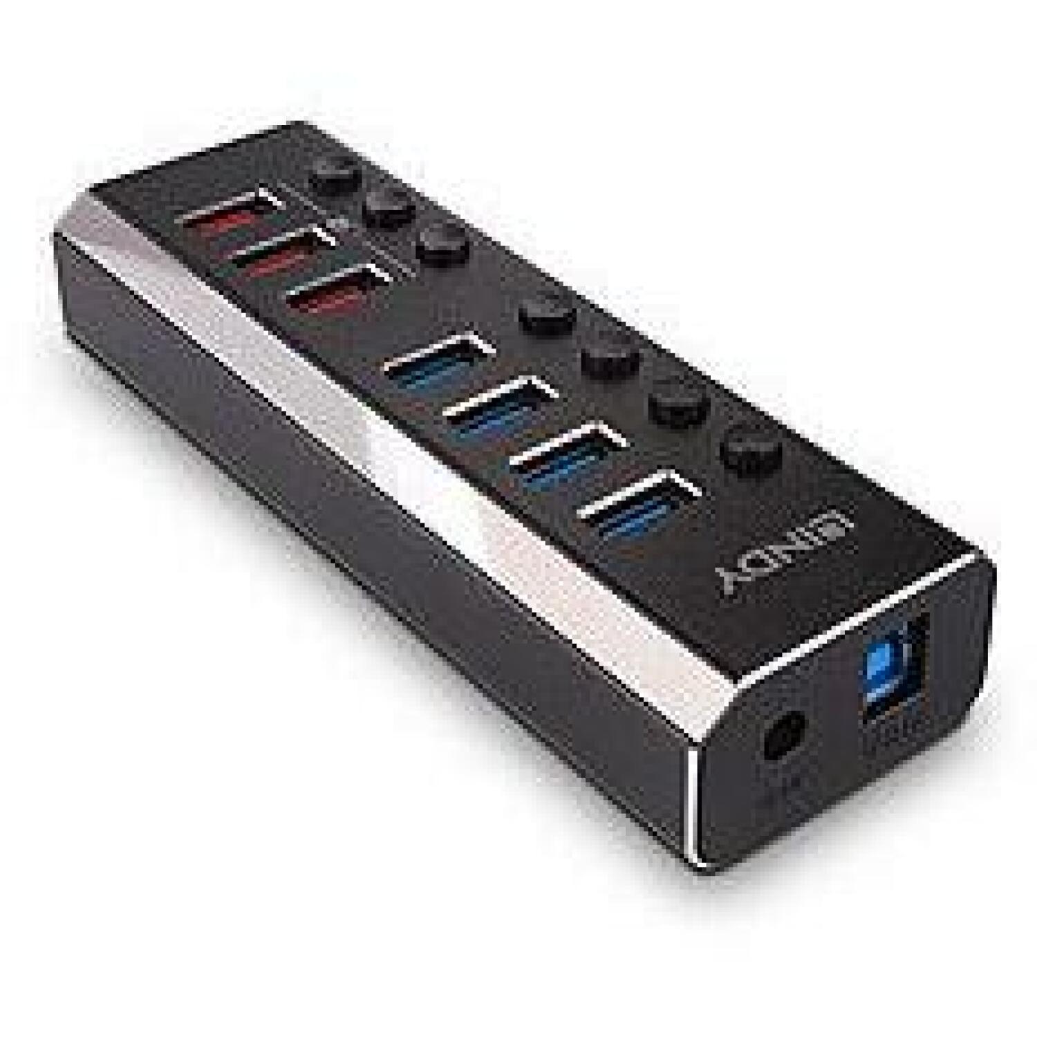 Lindy USB centrmezgls 43371 4x USB 3.0, 3x ātrā uzlāde, 5Gbps, slēdzis katram portam, 54W barošanas avots (43371)