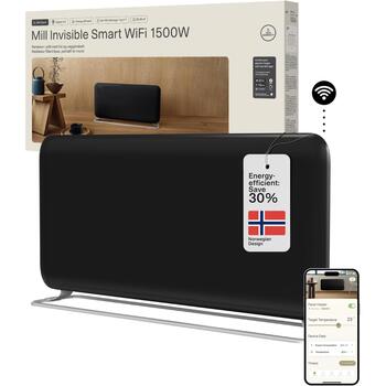 Mill Panel heater PA1500WIFI4A Black, 1500W, 18-22m², IPX4, WiFi, PID jaudas tehnoloģija, prognozējošā apkure, Smart App vadība (PA1500WIFI4A Black)