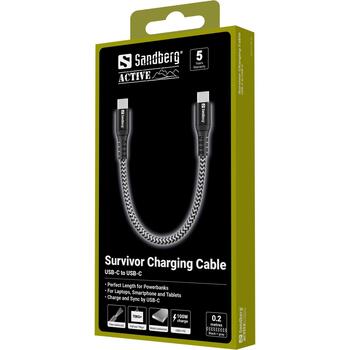 Sandberg USB-C kabelis 441-66, 0,2 m, 100 W, USB-C vīriešu, USB-C vīriešu, ātra uzlāde, Kevlar apvalks (441-66)