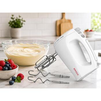 Brock HM 3001 WH ручной миксер, 300 Вт, 5 скоростей, турбо, венчики и крюки для теста из нержавеющей стали, белый (HM 3001 WH)
