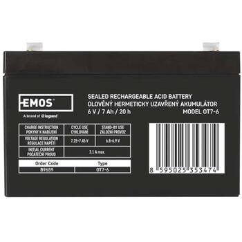 Emos SLA Аккумулятор B9659, 6 V, 7 Ah, Faston 4,7 мм, AGM, 1 шт., 5 лет, без обслуживания, электронные системы безопасности (B9659)