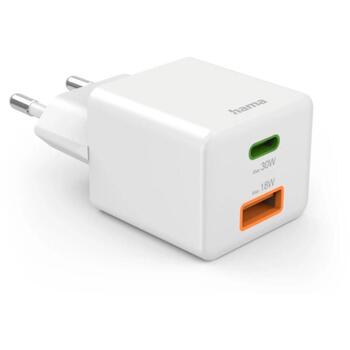 Hama 00201992 ātrais lādētājs, 30W, balts, 100-240V, 50/60Hz, USB-C PD 3.0, USB-A QC 2.0/3.0, 2 ierīces (00201992)