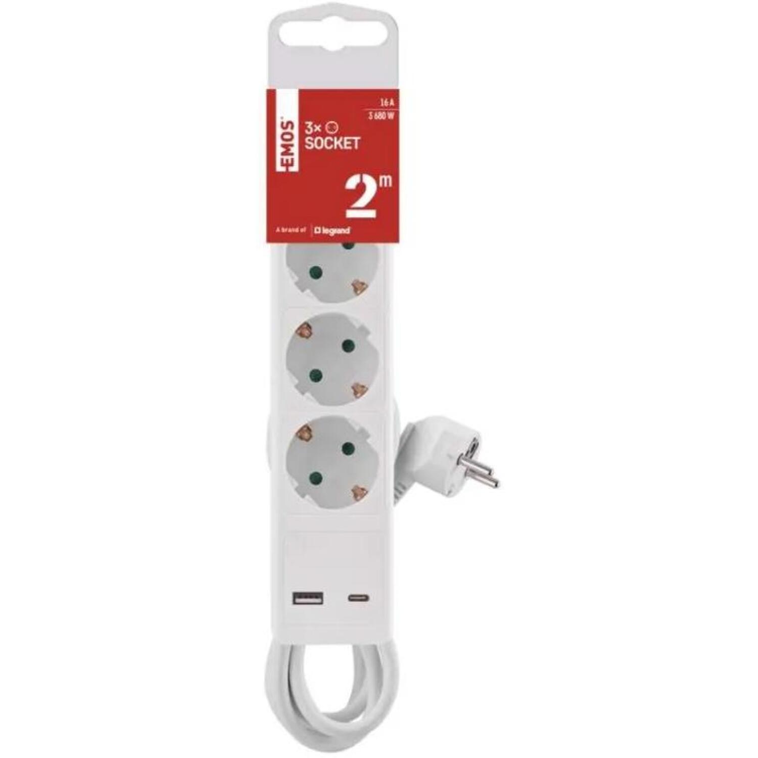 Emos Удлинитель P1322CU, 2м, 3× 2P + PE, 3680W, с выключателем, белый, 1× USB-A, 1× USB-C (P1322CU)