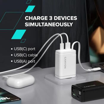 Kompakts sienas lādētājs ar integrētu USB C kabeli 65 W kopējo jaudu 1×PD un 1×QC ātrās uzlādes portu OnCharge 65RC Build In Cable EU Balts CNS-CURC65ACW CANYON (CNS-CURC65ACW)