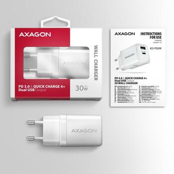 Axagon настенный зарядное устройство ACU-PQ30W 30W, 100-240V, 2xUSB, быстрая зарядка, защита от перегрузки, белый (ACU-PQ30W)