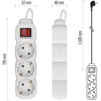 Emos Удлинитель P1321, 1,5 м, 3× 2P + PE GERMAN, PVC, 3680 Вт, с выключателем, защита от детей (P1321)