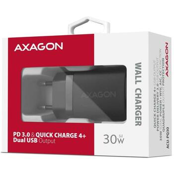Axagon настенный зарядное устройство ACU-PQ30 30W, 100-240V, 2xUSB, быстрая зарядка, защита от перегрузки, черный (ACU-PQ30)