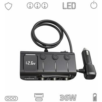 Manta Auto lādētājs MCC201T, 12-24V, 1306W, 3x USB-A, 2x USB-C, PD 36W, QC 3.0, LED displejs (MCC201T)