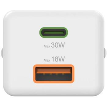 Hama 00201992 ātrais lādētājs, 30W, balts, 100-240V, 50/60Hz, USB-C PD 3.0, USB-A QC 2.0/3.0, 2 ierīces (00201992)
