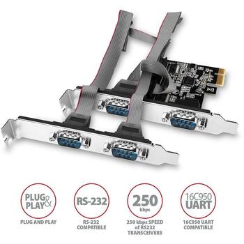 Axagon Adapteris PCEA-S4N 4x RS-232 250 kBd PCIe 5 Gbit/s, CE, RoHS, SP un LP, 1 gab. (PCEA-S4N)