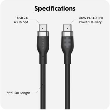 Hyper USB-C Силиконовый Зарядный Кабель HJ4011BKGL, 1.5m, 60W, 480 Mbps, не запутывающийся, PD 3.0 (HJ4011BKGL)