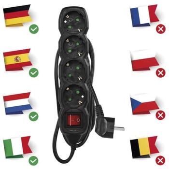 Emos Удлинитель PC1421R, 1,5м, 4x2P+PE, 3680W, PVC, с выключателем, черный, защита от детей (PC1421R)