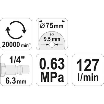 Yato pneimatiskais griezējs YT-09715, 18000 min⁻¹, 75 mm, 0,65 MPa, 127 l/min, 87 dB(A), 98 dB(A), 1,36 m/s², alumīnija korpuss (YT-09715)