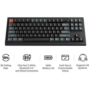 Keychron V3 Ultra 8K bezvadu mehāniskā klaviatūra TKL 2.4GHz Bluetooth 5.3 USB-C 8000Hz Hot-Swap RGB melna V3U-D3 (V3U-D3)