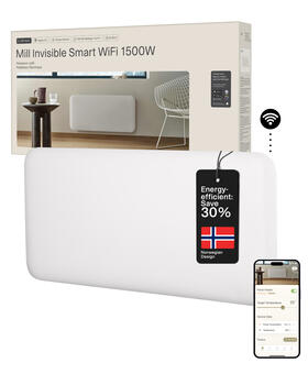 Paneļveida sildītājs ar 1500 W jaudu un WiFi vadību telpām līdz 18–22 m² IPX4 balts PA1500WIFI4 Mill (PA1500WIFI4)