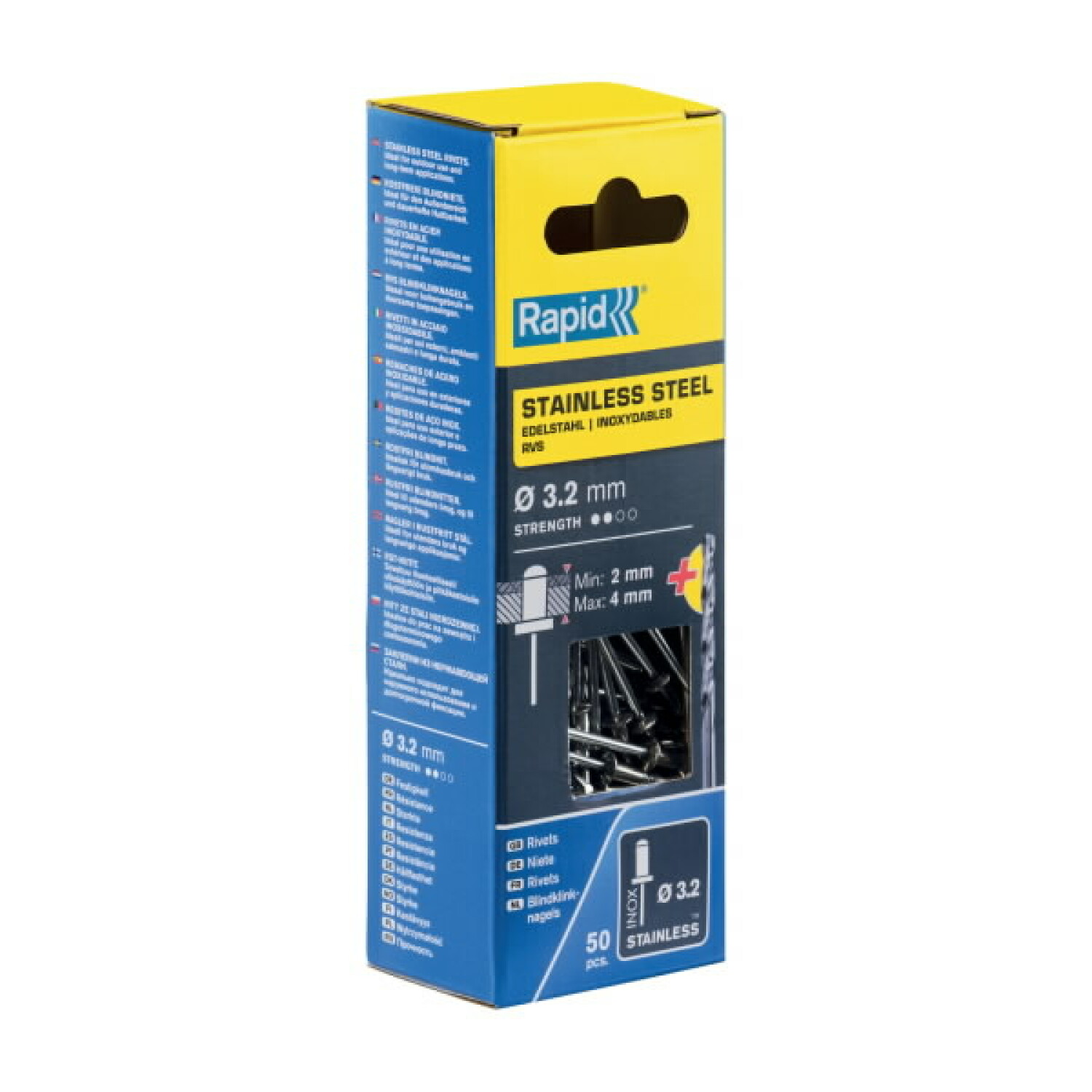 Rapid 5000393 nerūsējošā tērauda kniedes, 3,2x8mm, 50gab, ar urbi komplektā (5000393)