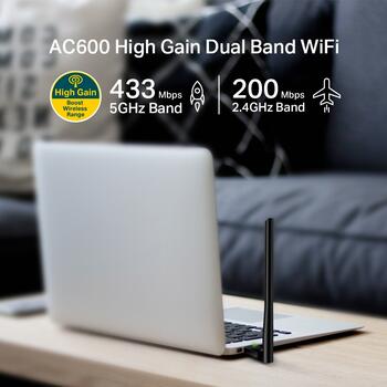 AC600 высокоусиленный беспроводной двухдиапазонный USB-адаптер, TP-Link, Archer T2U Plus, 600 Мбит/с, 5dBi (ARCHERT2UPLUS)