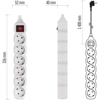 Emos Удлинитель P1621, 1,4 м, белый, 6× 2P + PE ГЕРМАНСКИЙ, 3 680 W, ПВХ, защита от детей, выключатель (P1621)