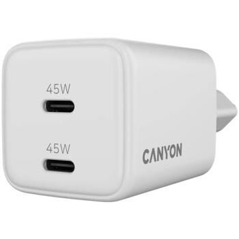 Kompakts sienas lādētājs ar GaN tehnoloģiju 45 W kopējo jaudu un 2×PD ātrās uzlādes portiem CU45CC EU Balts CNS-CUW45CC CANYON (CNS-CUW45CC)