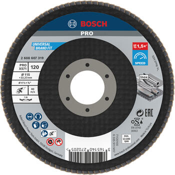 Slīpp.slīpšķīvis metālam D=115 mm, K 120, 1 gab., Mazām leņķa slīpmašīnām PRO X571 VĒDEKĻVEIDA DISKS, 2608607319, BOSCH (2608607319)